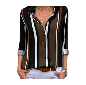 Women V Neck Striped Roll up Sleeve Button Down